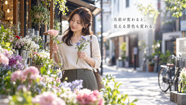 東京の花屋で自分のための花を選ぶ30代女性