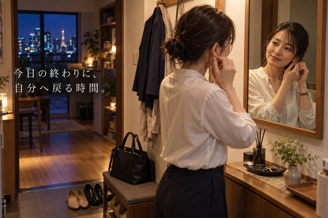 仕事から帰宅して鏡の前でアクセサリーを外す30代女性