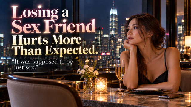 Woman sitting alone in a restaurant overlooking the city at night after losing a casual intimate partner