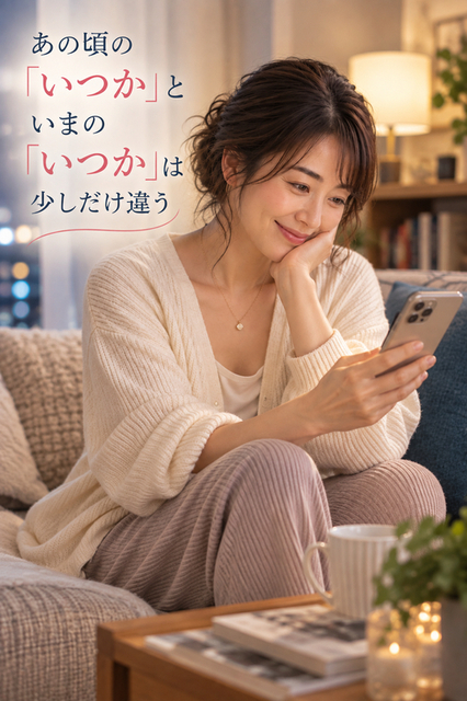 40代女性が自宅でスマートフォンを眺めながら以前とは少し変わった自分の気持ちに気づく夜