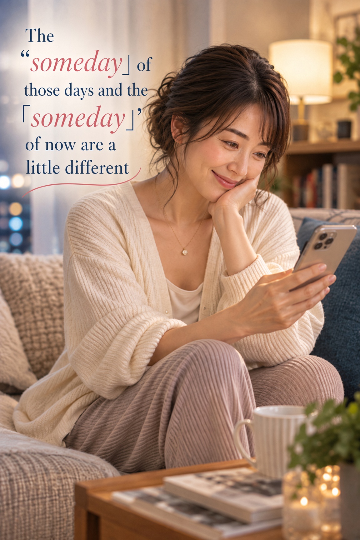 A woman in her forties at home looking at her smartphone and noticing how her feelings about intimacy and sex have changed