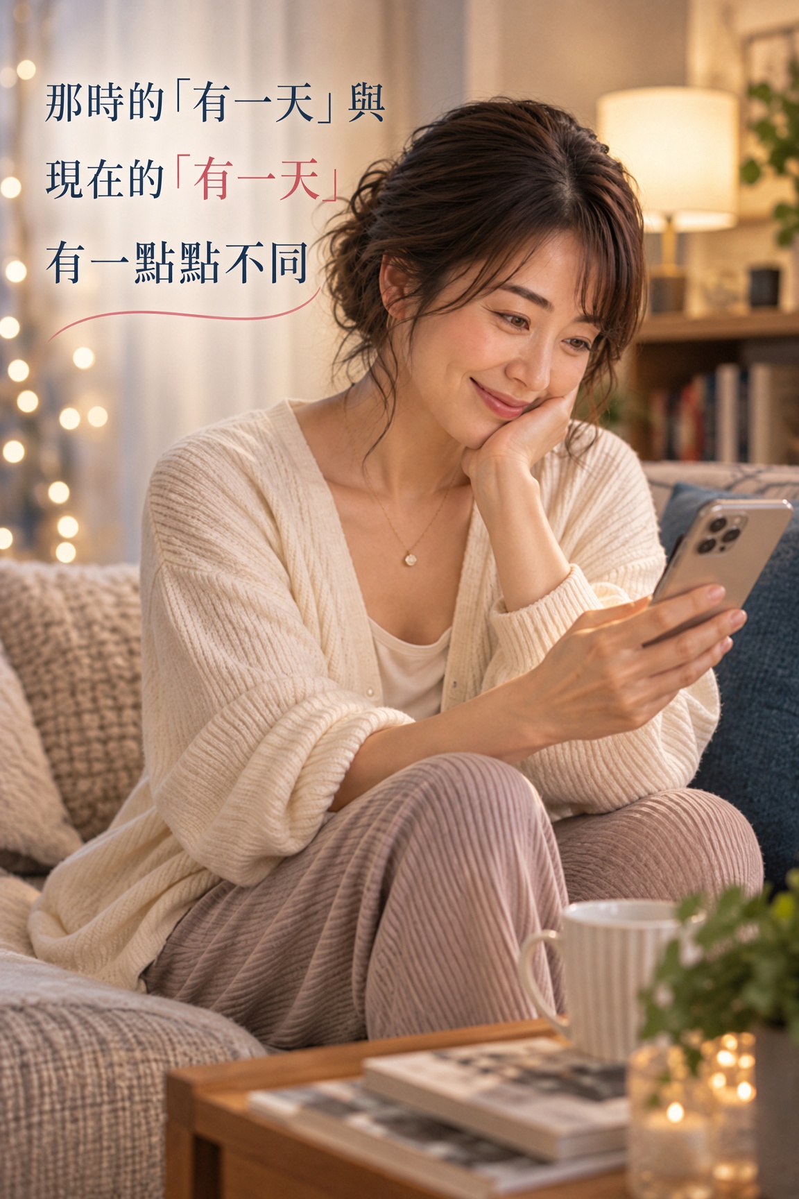 一位40歲左右的女性在家中看著手機,察覺自己如今對親密與性愛的感受和從前有些不同