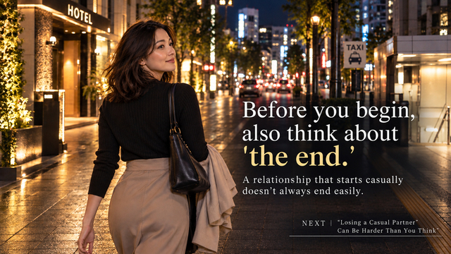 Woman in her 30s walking through Tokyo at night and thinking about how a casual relationship may eventually end