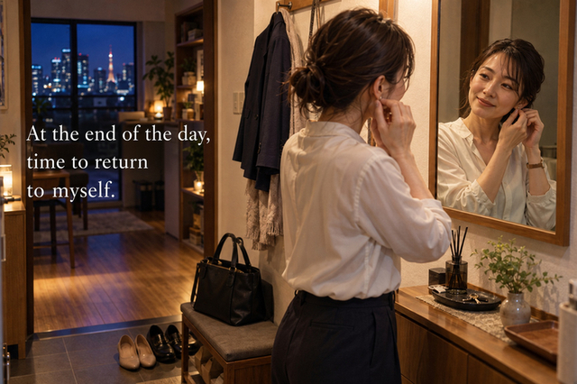 Adult woman removing an earring after returning home from work in Tokyo