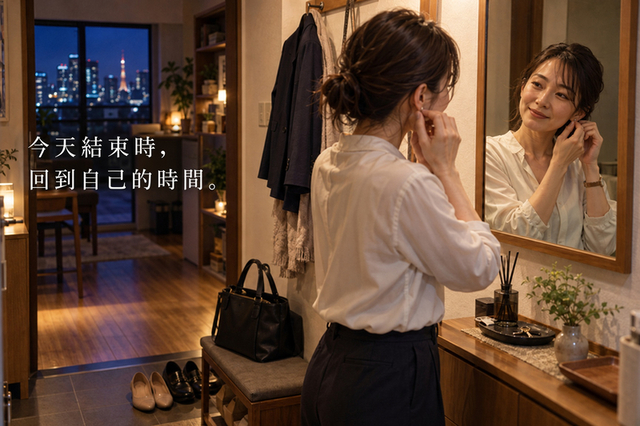 下班回家後在鏡前取下耳環的成年女性