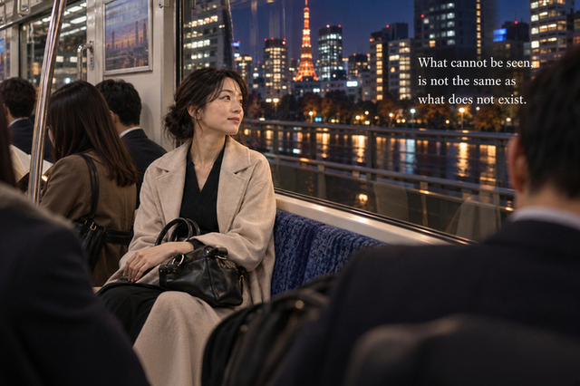 Adult woman looking through a train window at Tokyo at night