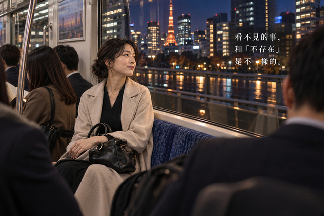 夜晚在東京電車上望向窗外的成年女性