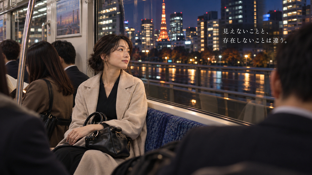 夜の東京を走る電車で窓の外を見る30代女性