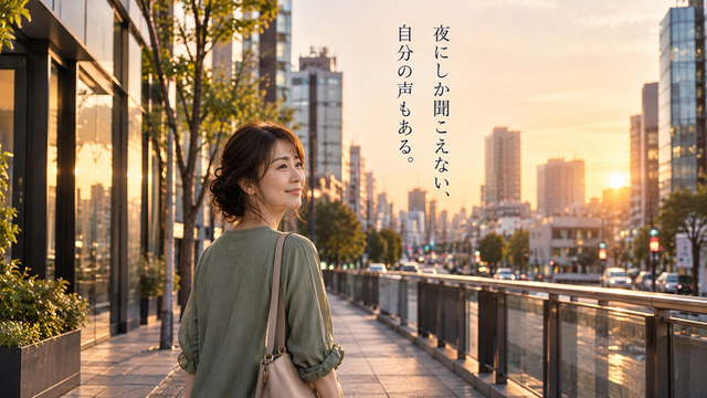 夕暮れの東京を歩きながら自分の内側にある気持ちに耳を傾ける40代女性