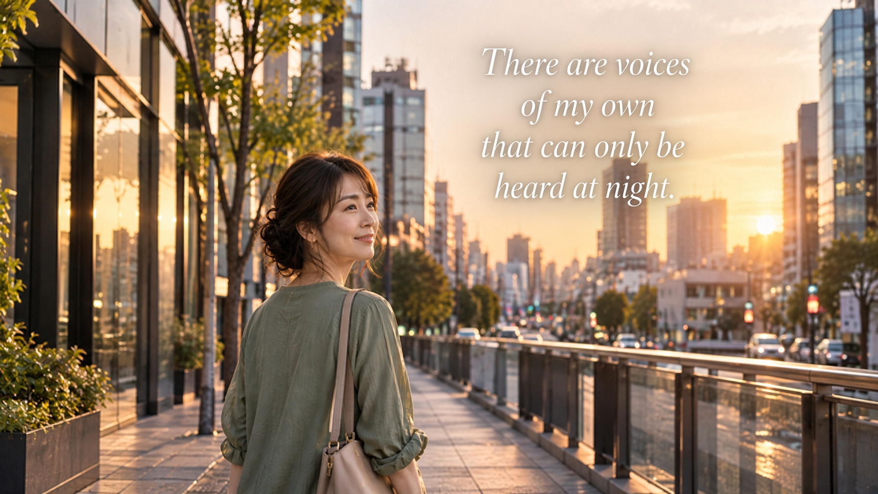 A woman in her forties walking through Tokyo at dusk and quietly listening to her own feelings