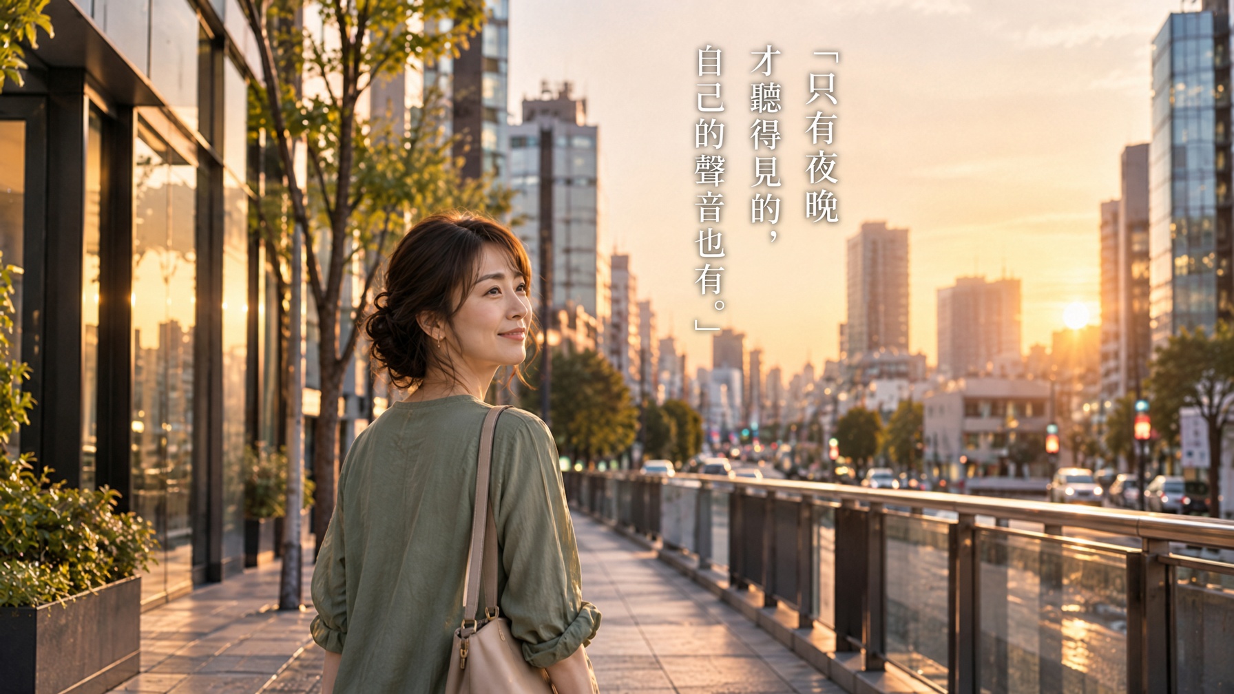 一位40歲左右的女性走在東京黃昏街頭,安靜聽見自己內心真正的感受