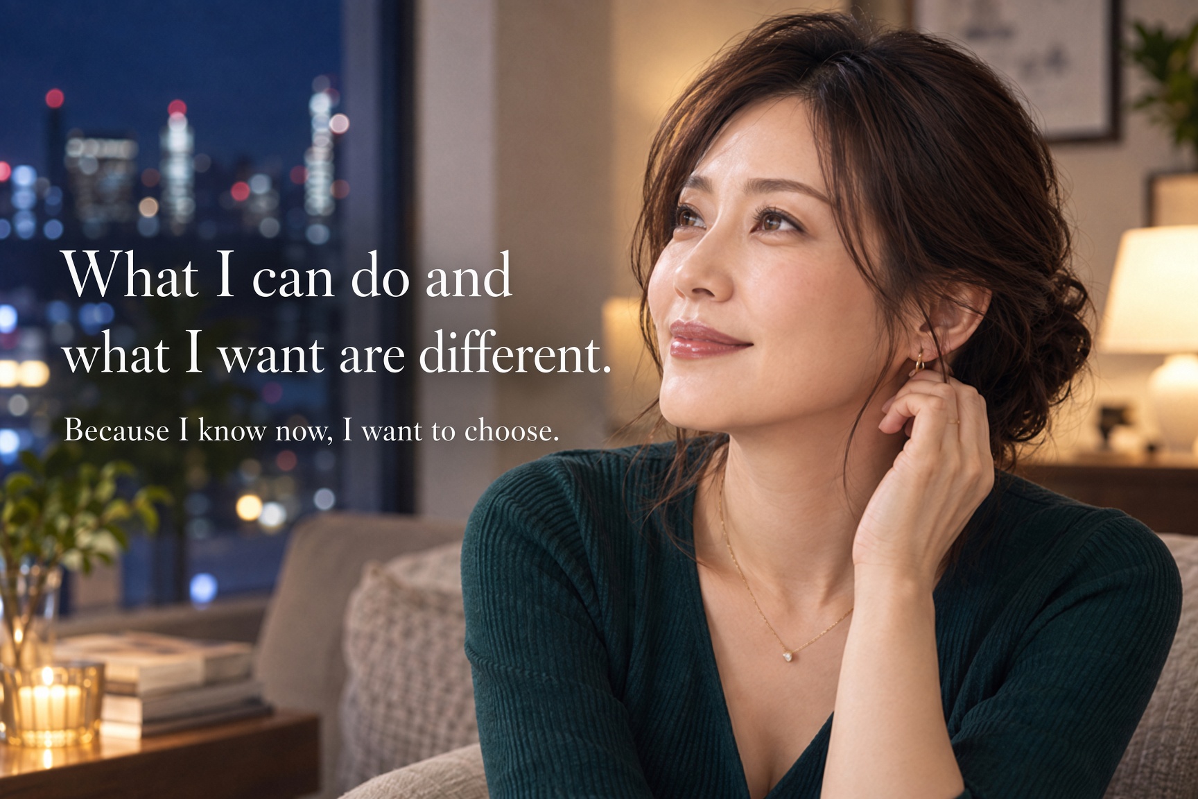 A woman in her forties who understands what she truly wants and considers whom she wants to share intimate time with