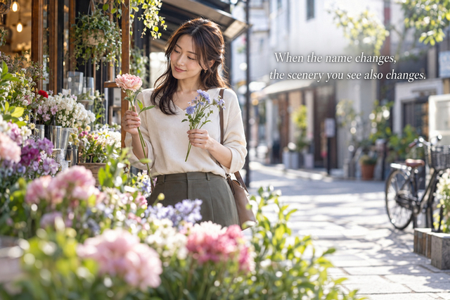 Adult woman choosing flowers for herself at a neighborhood flower shop in Tokyo