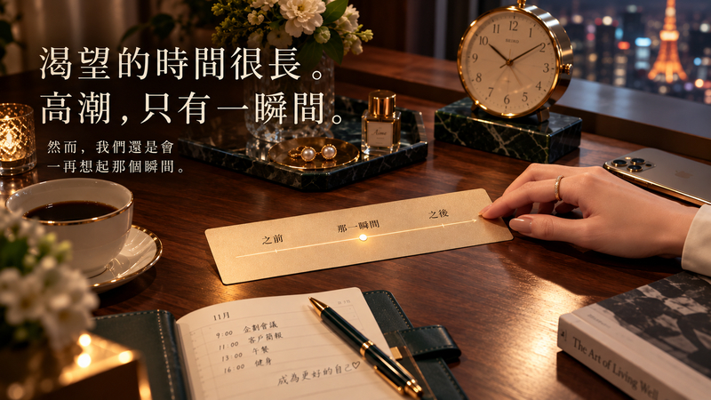 夜晚桌面上的時鐘與時間線,呈現渴望性愛的時間很長而高潮只有一瞬間