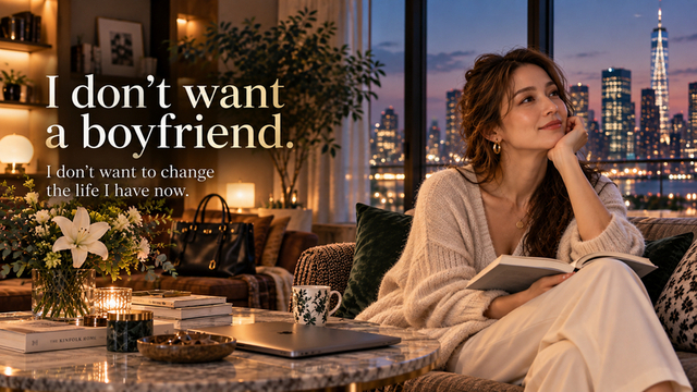 Woman relaxing at home with the words I don’t want a boyfriend and I don’t want to change the life I have now