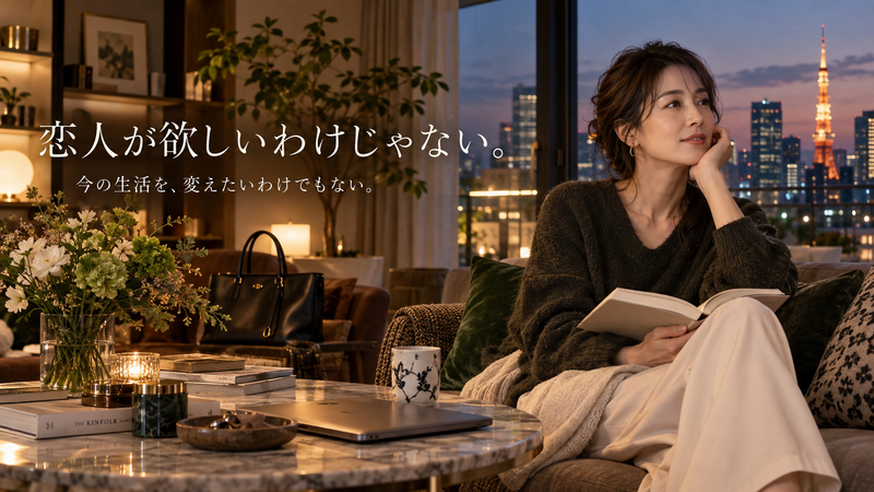 東京の自宅でくつろぐ女性と「恋人が欲しいわけじゃない。今の生活を、変えたいわけでもない。」というメッセージ