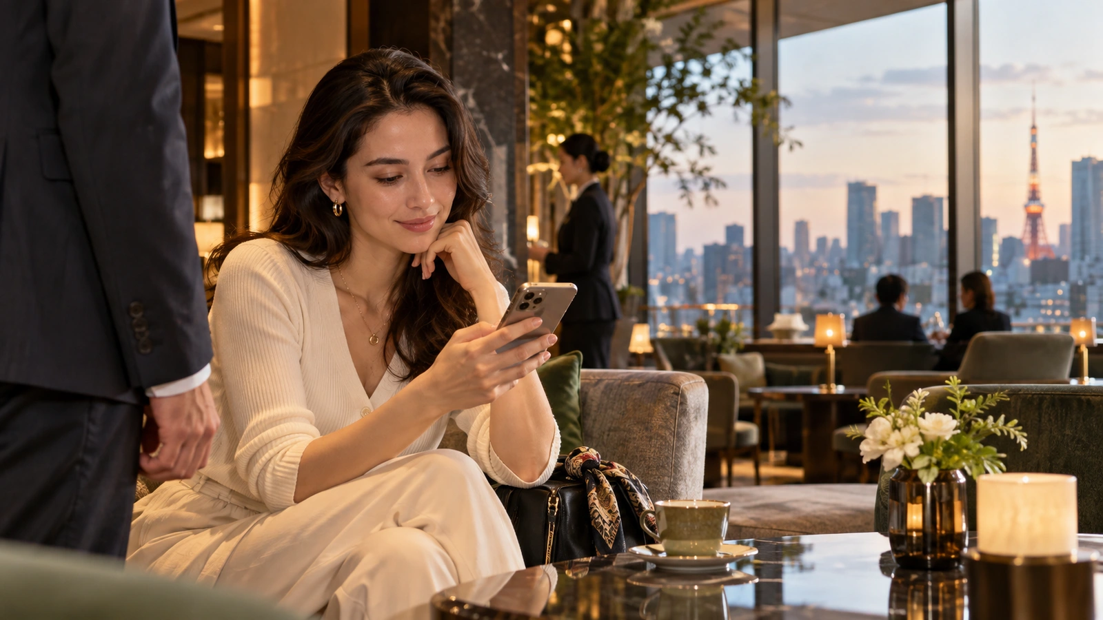 Una mujer mira y utiliza su teléfono móvil en un salón de hotel iluminado con tonos cálidos, con la Torre de Tokio tras la ventana; al fondo hay flores frescas y lámparas de mesa.