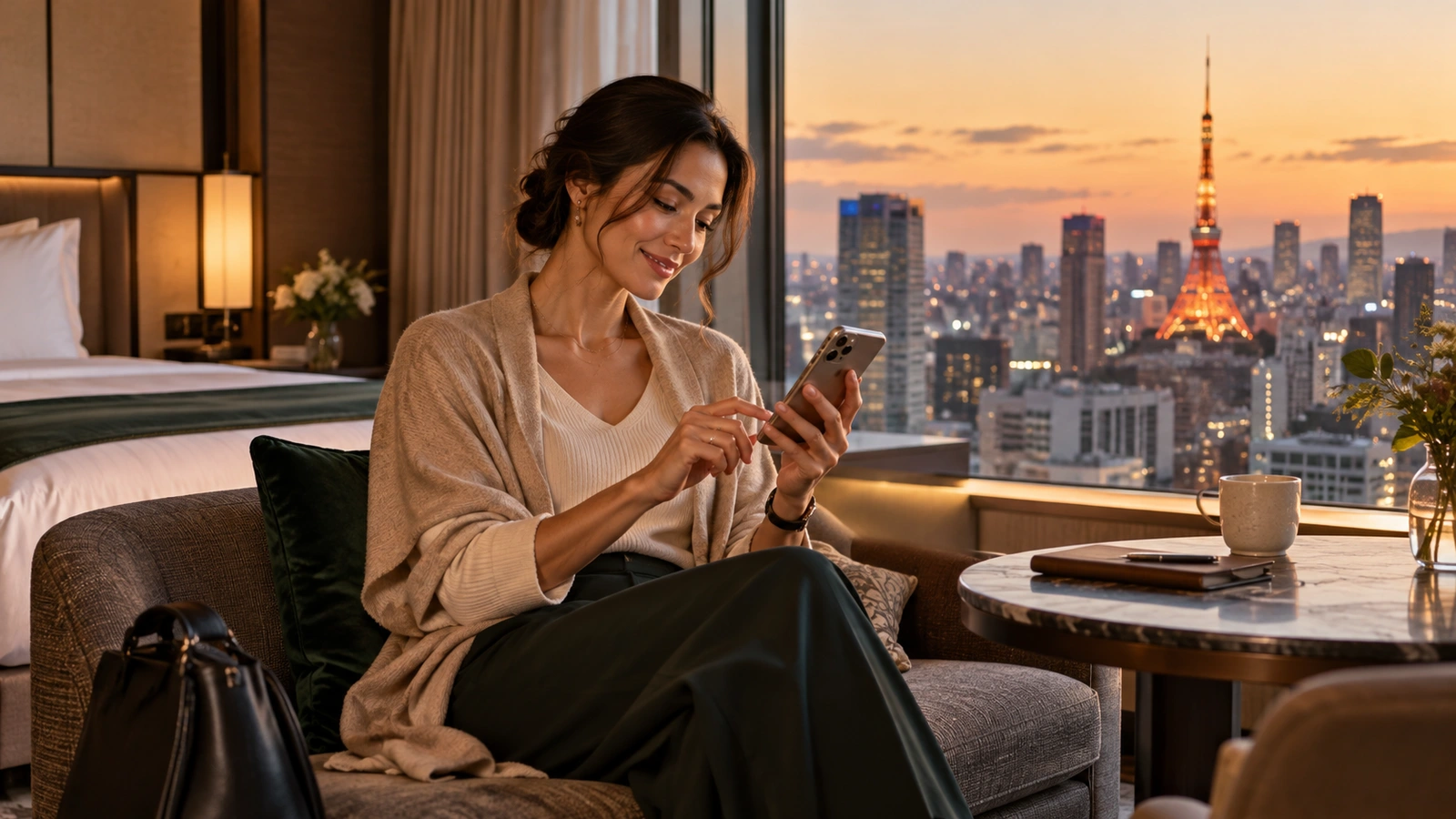 A woman looks down and uses her smartphone in a Tokyo hotel suite with a large bed and illuminated skyline; a dark handbag is visible beside her.