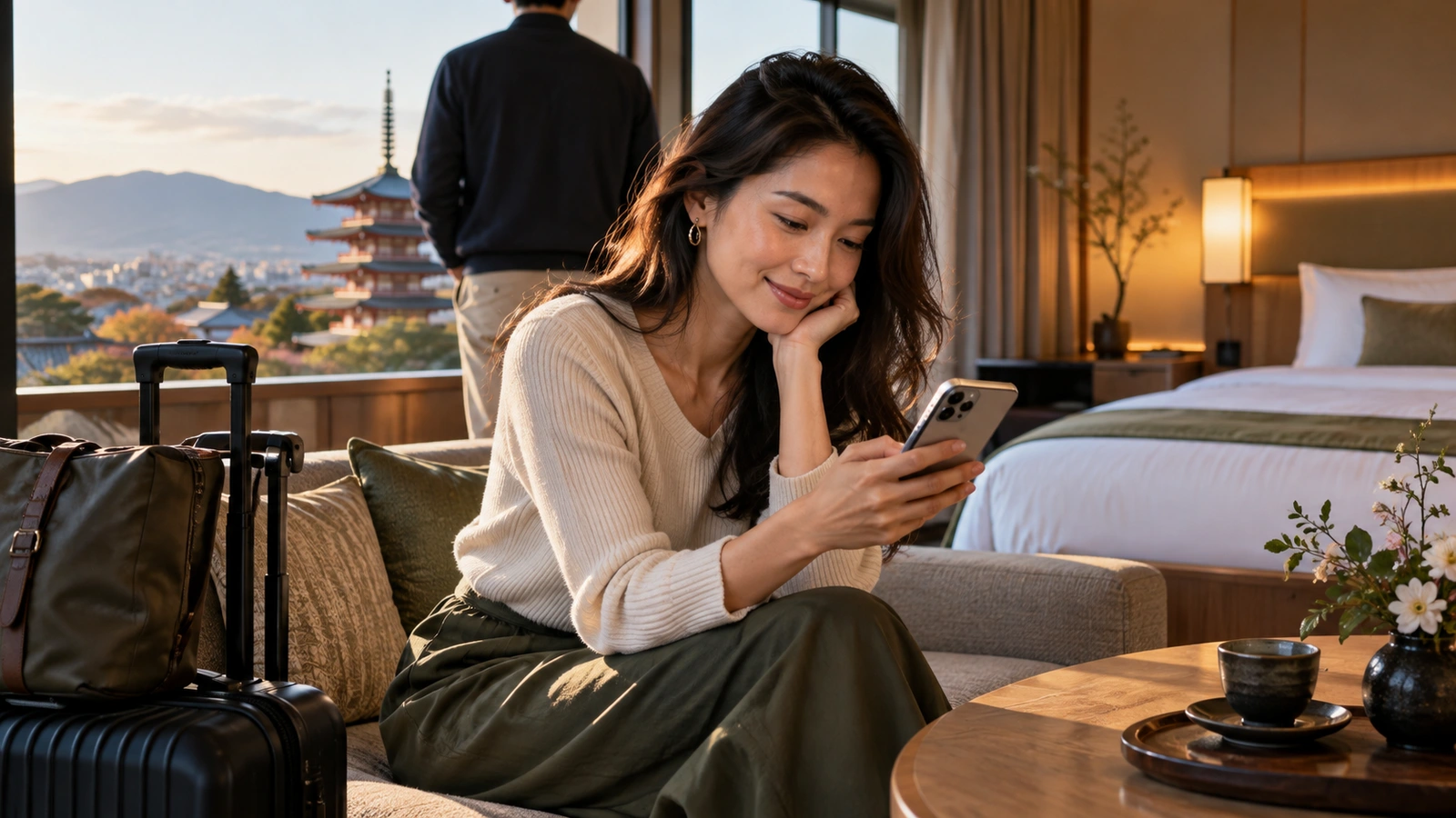 Una mujer mira y utiliza su teléfono móvil en una suite con vistas a una pagoda japonesa y árboles cercanos; junto a ella hay una maleta con ruedas.