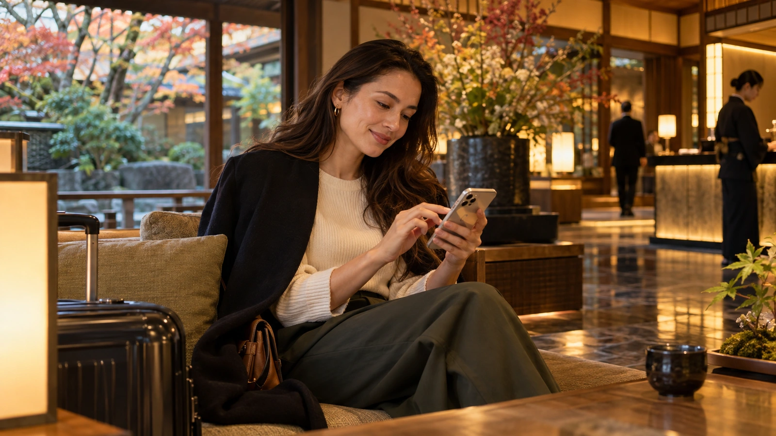 A woman looks down and uses her smartphone in a quiet hotel lounge with soft seating and garden greenery; a wheeled travel case is beside her.