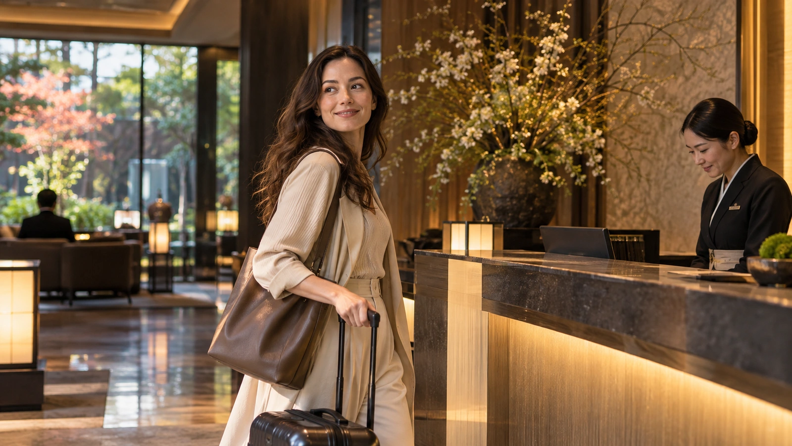 A woman with a shoulder bag looks back while walking in a wood-paneled hotel lobby opening toward a landscaped courtyard; a wheeled travel case is beside her.