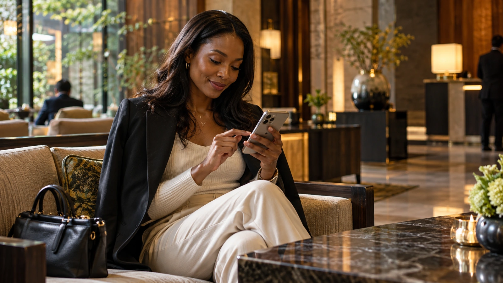 A woman looks down and uses her smartphone at an elegant marble hotel reception with large floral arrangements; a dark handbag is visible beside her.