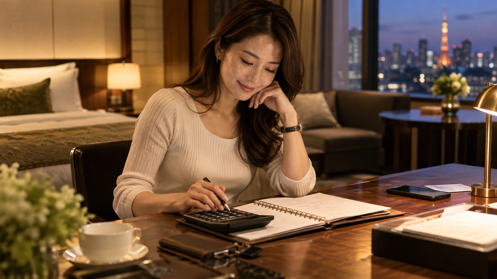 A woman studies a calculator beside an open notebook in a Tokyo hotel suite with a large bed and illuminated skyline; a cup and saucer sit within reach.