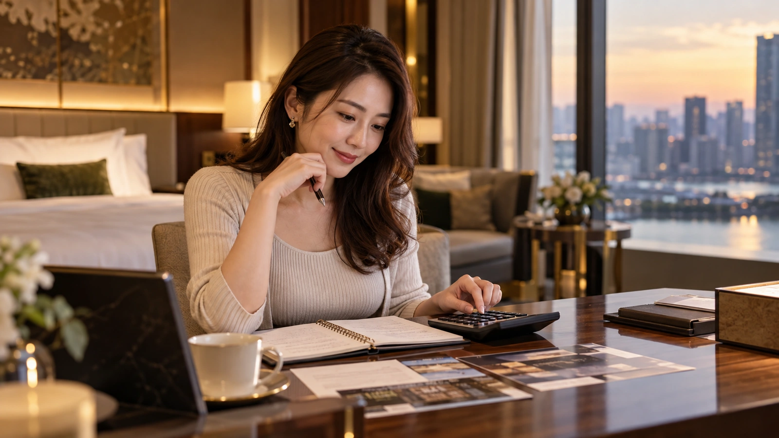 一名女性在攤開的筆記本旁仔細使用計算機，場景是設有大床的東京飯店套房，窗外是燈光點點的城市天際線；桌上攤著一本圖文並茂的介紹冊。