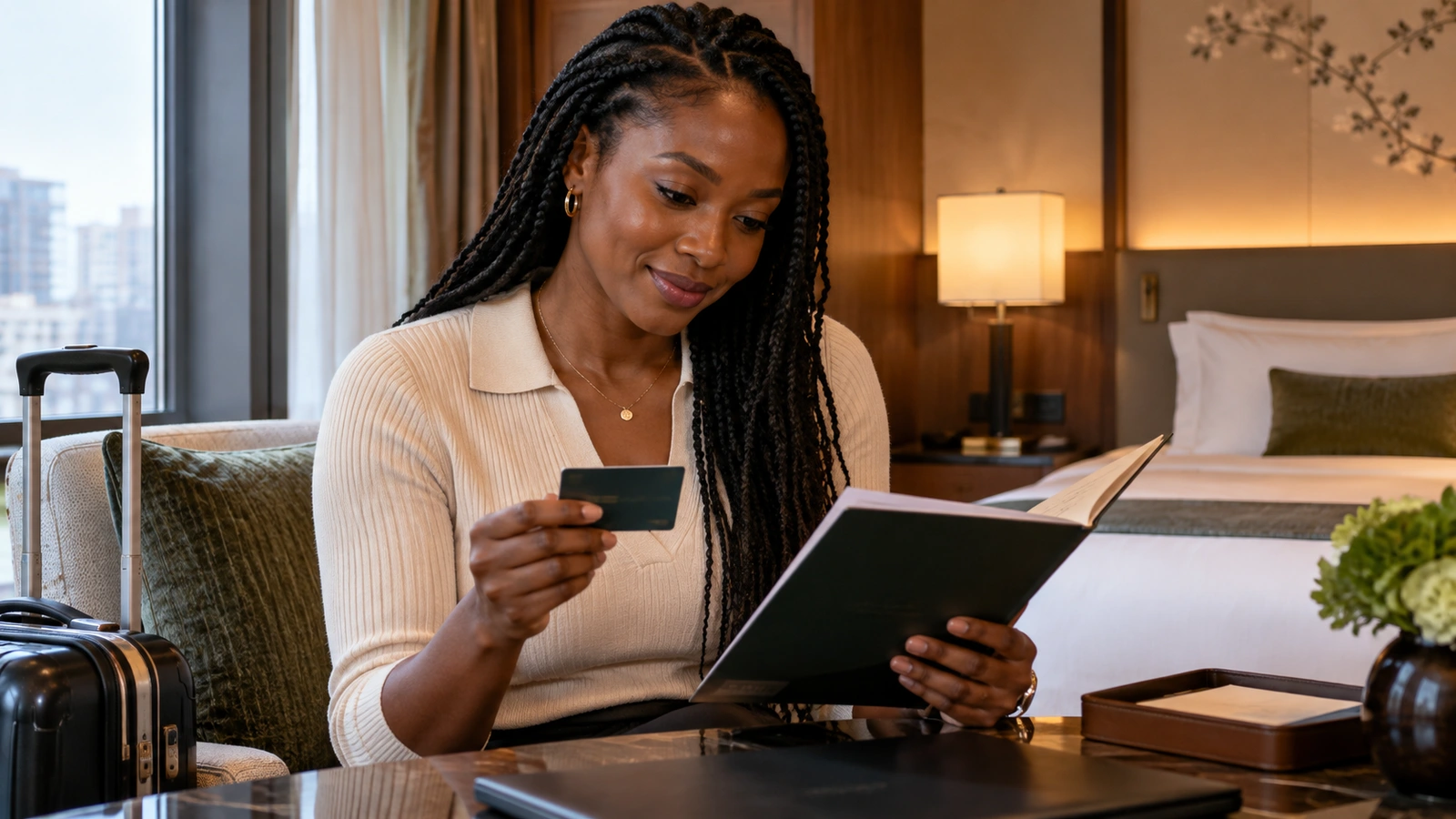 A woman holds a payment-sized card while reading an open booklet in a daylight-filled hotel bedroom facing a city skyline; a wheeled travel case is beside her.
