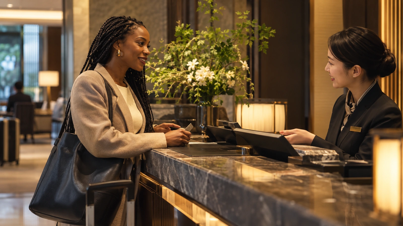 A woman examines a folder or documents with reception staff at an elegant marble hotel reception with large floral arrangements; a dark handbag is visible beside her.