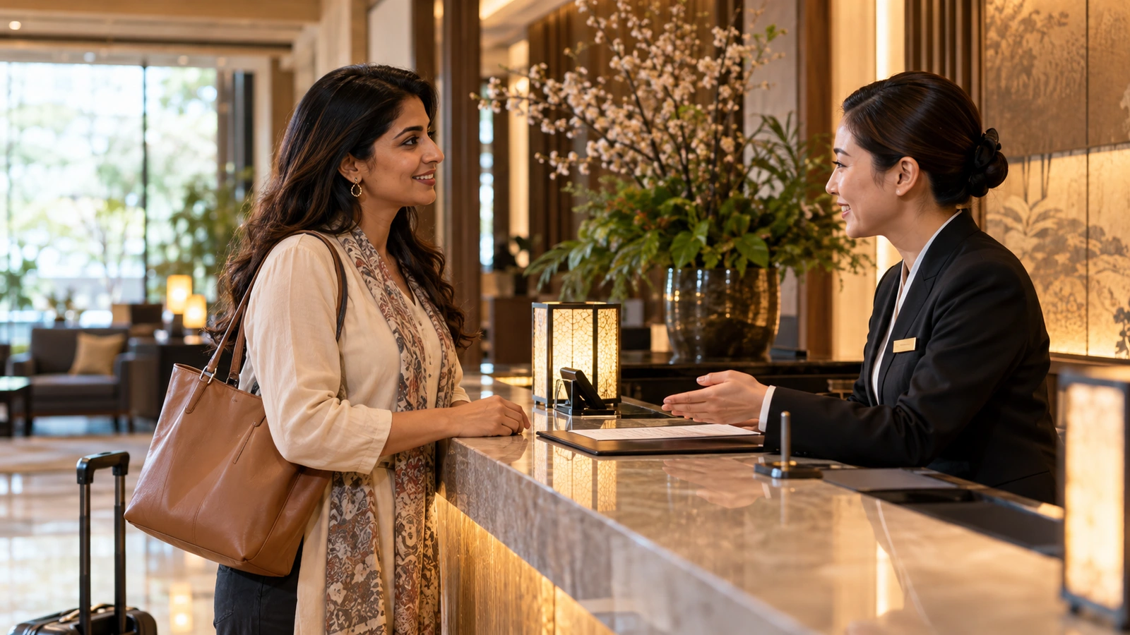 Una mujer habla cara a cara con personal de recepción del hotel en la elegante recepción de un hotel con mostradores de mármol y grandes arreglos florales; a su lado se ve un bolso oscuro.