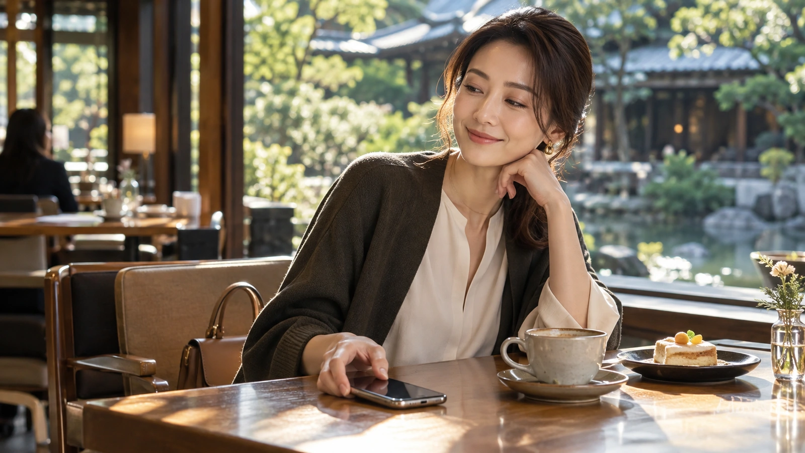 A woman rests her cheek on one hand beside her smartphone inside a bright Japanese café looking out onto traditional roofs and trees; a small plated dessert and teacup sit on the table.