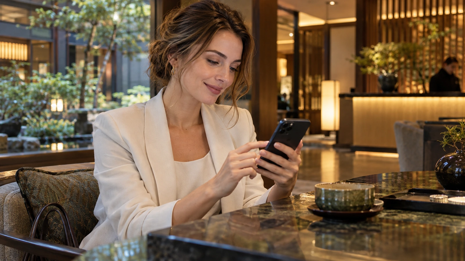 Una mujer mira y utiliza su teléfono móvil en un tranquilo salón de hotel con asientos cómodos y vistas al jardín; una taza o tetera de cerámica completa la tranquila mesa. La mujer lleva un jersey claro de color marfil.