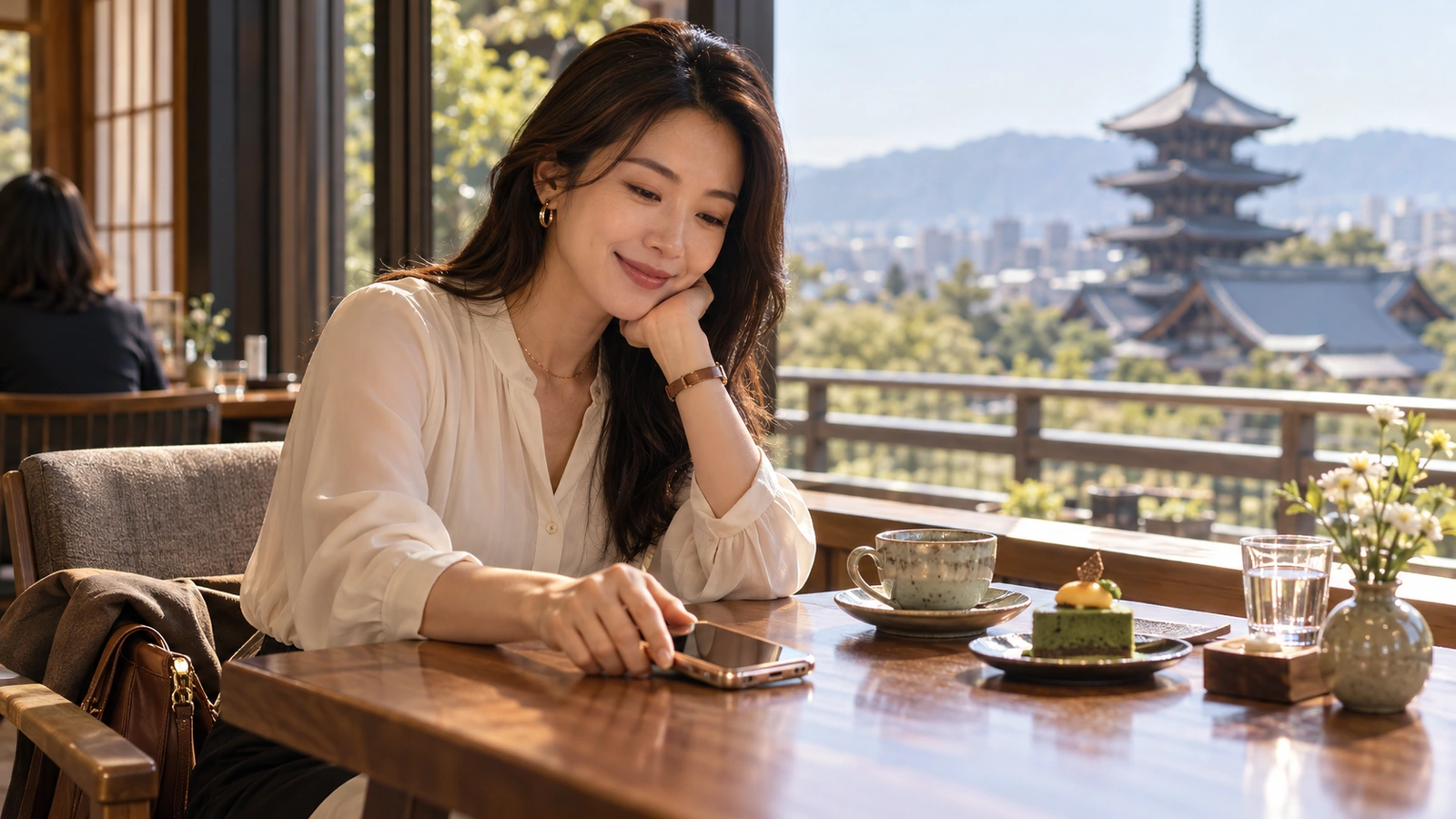 一名女性單手托腮，手機放在她身旁，場景是遠處可見日式多層塔樓的雅緻休息區；桌上放著小份甜點與茶杯。