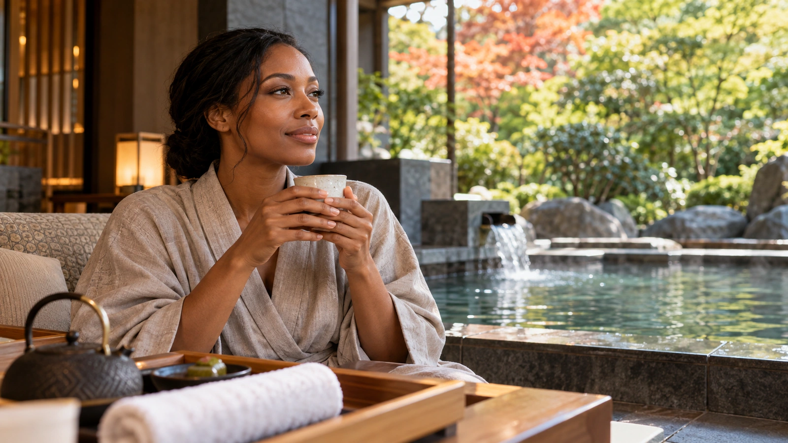 A seated woman holds a ceramic teacup and looks toward the view beside a stone-lined outdoor pool with flowing water and greenery; a ceramic cup or teapot completes the quiet table setting.