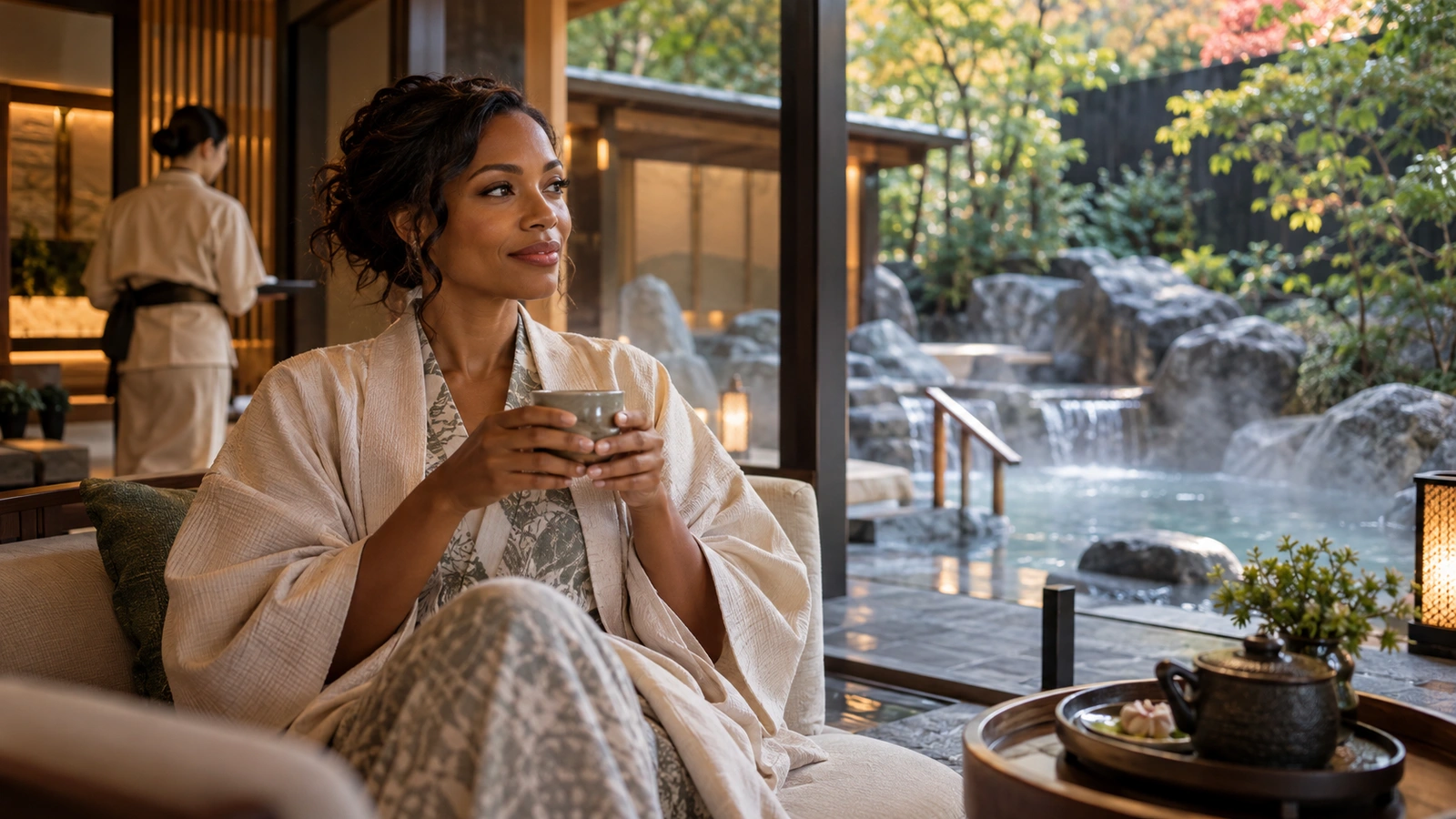 A seated woman holds a ceramic teacup and looks toward the view beside a stone-lined outdoor pool with flowing water and greenery; a low waterfall runs behind the bathing area.