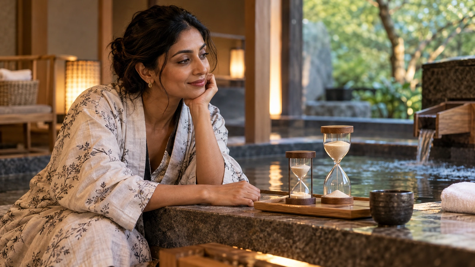 Una mujer descansa junto a dos relojes de arena sobre una mesa al lado de un baño termal junto a una piscina exterior de piedra con agua corriente y vegetación; dos relojes de arena pequeños reposan sobre una bandeja de madera.