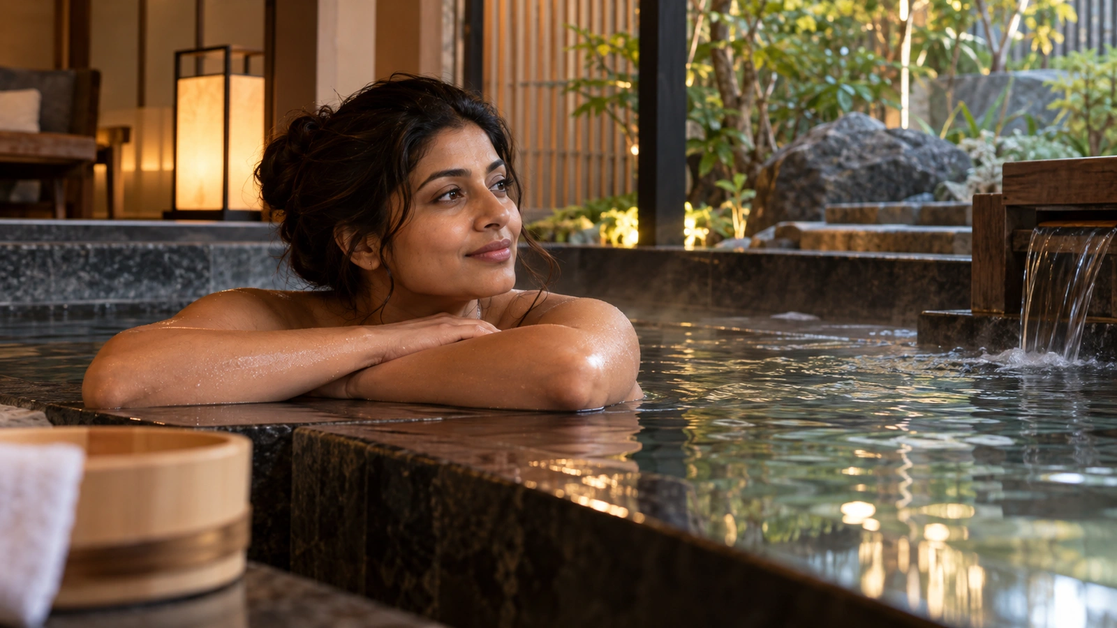 Una mujer descansa junto a un baño termal exterior rodeado de piedra junto a una piscina exterior de piedra con agua corriente y vegetación; junto al agua hay un cubo de baño de madera.