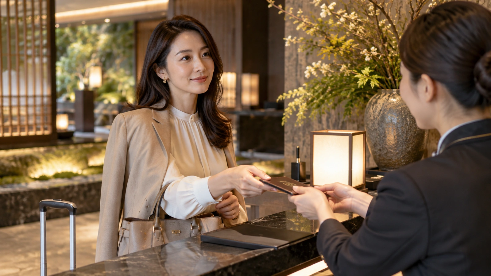 A woman and a receptionist exchange a small card across the counter at a polished hotel reception desk beside a landscaped Japanese courtyard; a small dark card is visible between their hands.