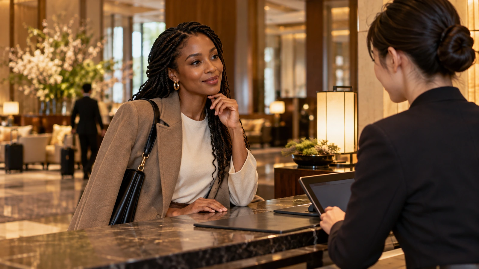 A woman speaks face to face with hotel reception staff at an elegant marble hotel reception with large floral arrangements; a tablet or electronic folder is visible at the counter. The woman wears a warm brown jacket over a light top.