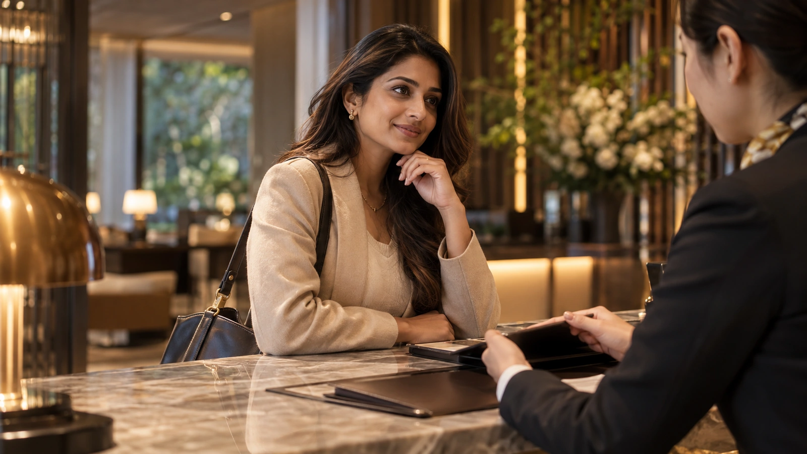 Una mujer habla cara a cara con personal de recepción del hotel en la elegante recepción de un hotel con mostradores de mármol y grandes arreglos florales; en el mostrador se ve una tableta o carpeta electrónica. La mujer lleva una gabardina larga de color claro.