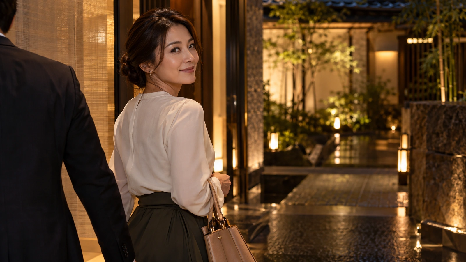 A woman with a shoulder bag looks back while walking near a hotel entrance lined with tall amber-lit columns; a dark handbag is visible beside her. Dark green clothing contrasts with the warm wood interior.