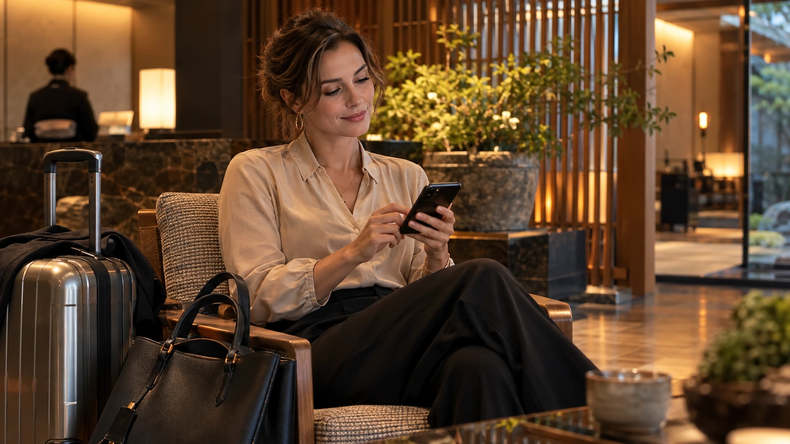 Una mujer mira y utiliza su teléfono móvil en la elegante recepción de un hotel con mostradores de mármol y grandes arreglos florales; junto a ella hay una maleta con ruedas.