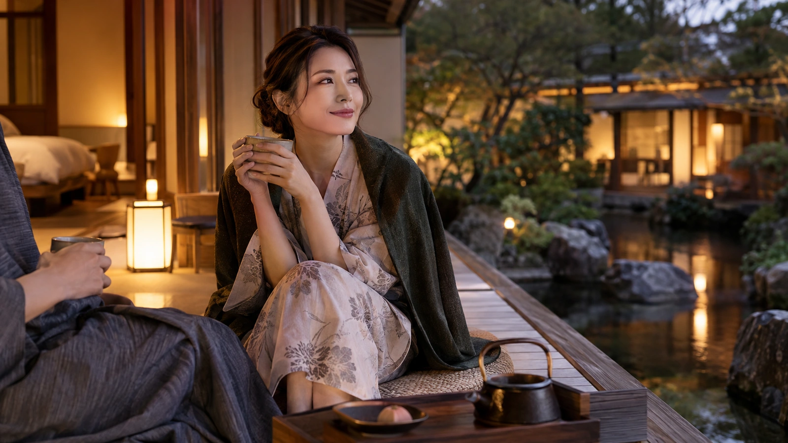 一名坐著的女性手捧陶瓷茶杯，目光望向周圍景致，場景是日式庭園旁的有頂木質露台；陶瓷茶杯與茶壺構成安靜的桌面布置。
