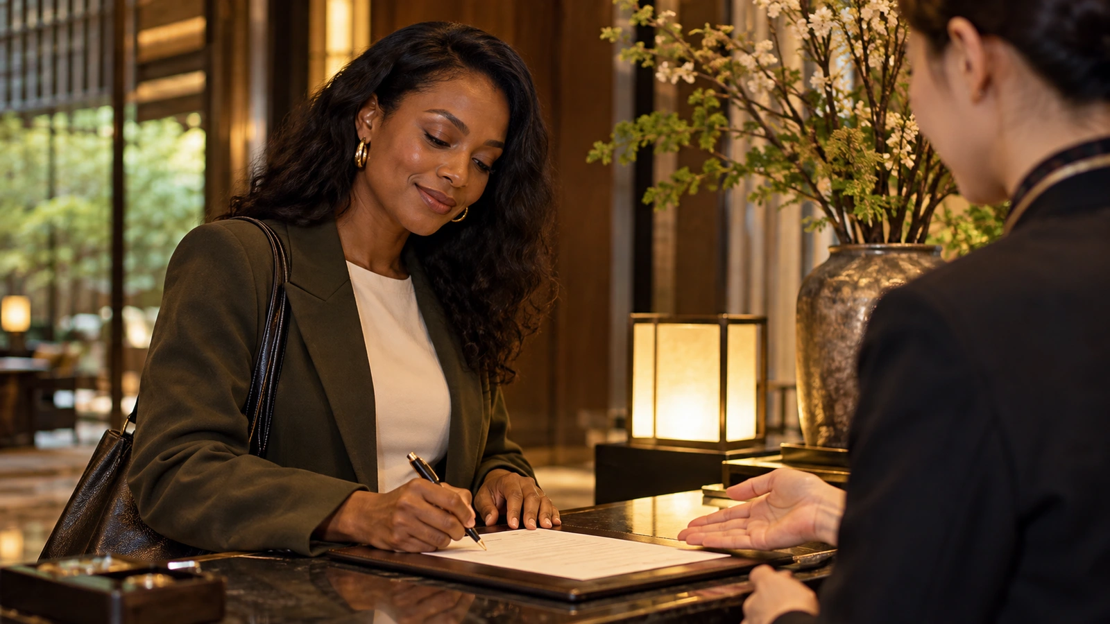 A woman writes on a document at the hotel counter at a polished hotel reception desk beside a landscaped Japanese courtyard; a dark folder lies open on the desk.