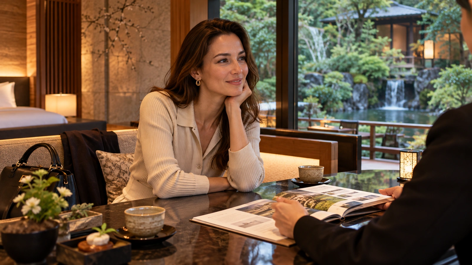 Una mujer revisa un folleto ilustrado con otra persona en una suite de luz cálida situada junto a un jardín japonés; sobre la mesa hay un folleto abierto lleno de fotografías.
