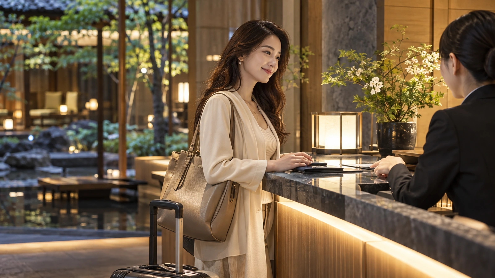 一名女性與櫃檯人員一起查看資料夾或文件，場景是面向日式造景庭園、檯面光潔的飯店接待櫃檯；桌面上攤放著深色資料夾。