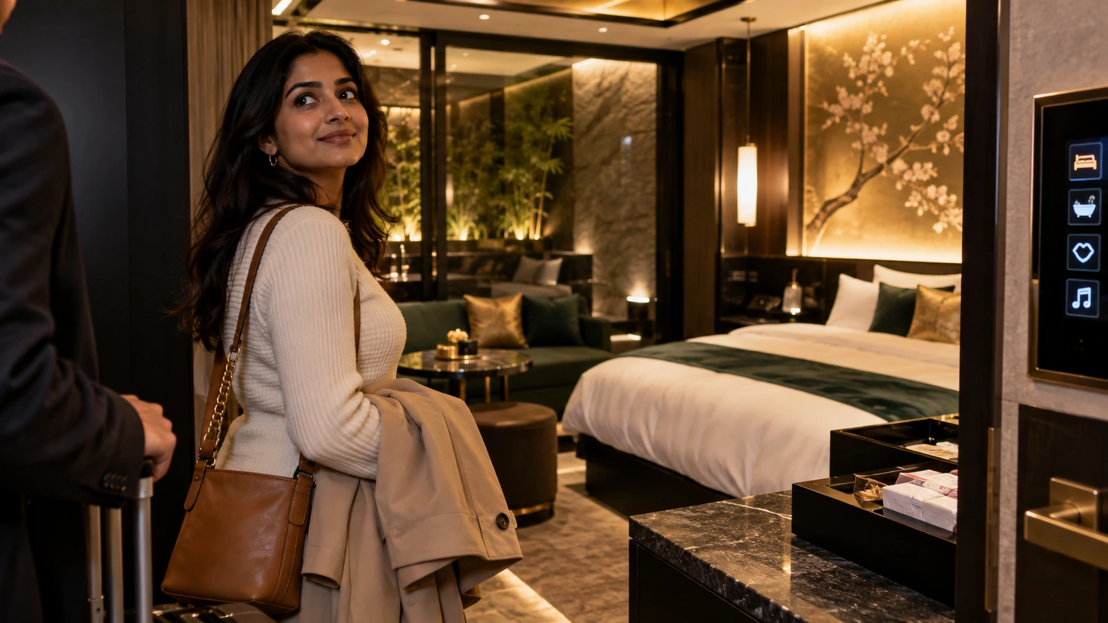 Una mujer con bolso de hombro mira hacia atrás mientras camina en una habitación de estilo japonés, de tonos oscuros, con arte floral y cama arreglada; junto a la puerta hay una pantalla de control iluminada.