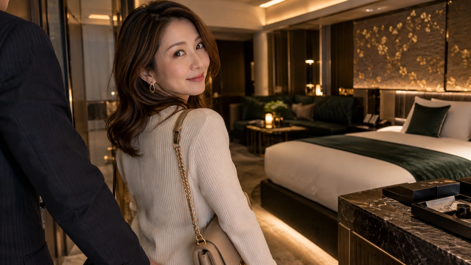 A woman with a shoulder bag looks back while walking in a dark-toned Japanese-themed guestroom with floral wall art and a made bed; a dark handbag is visible beside her.