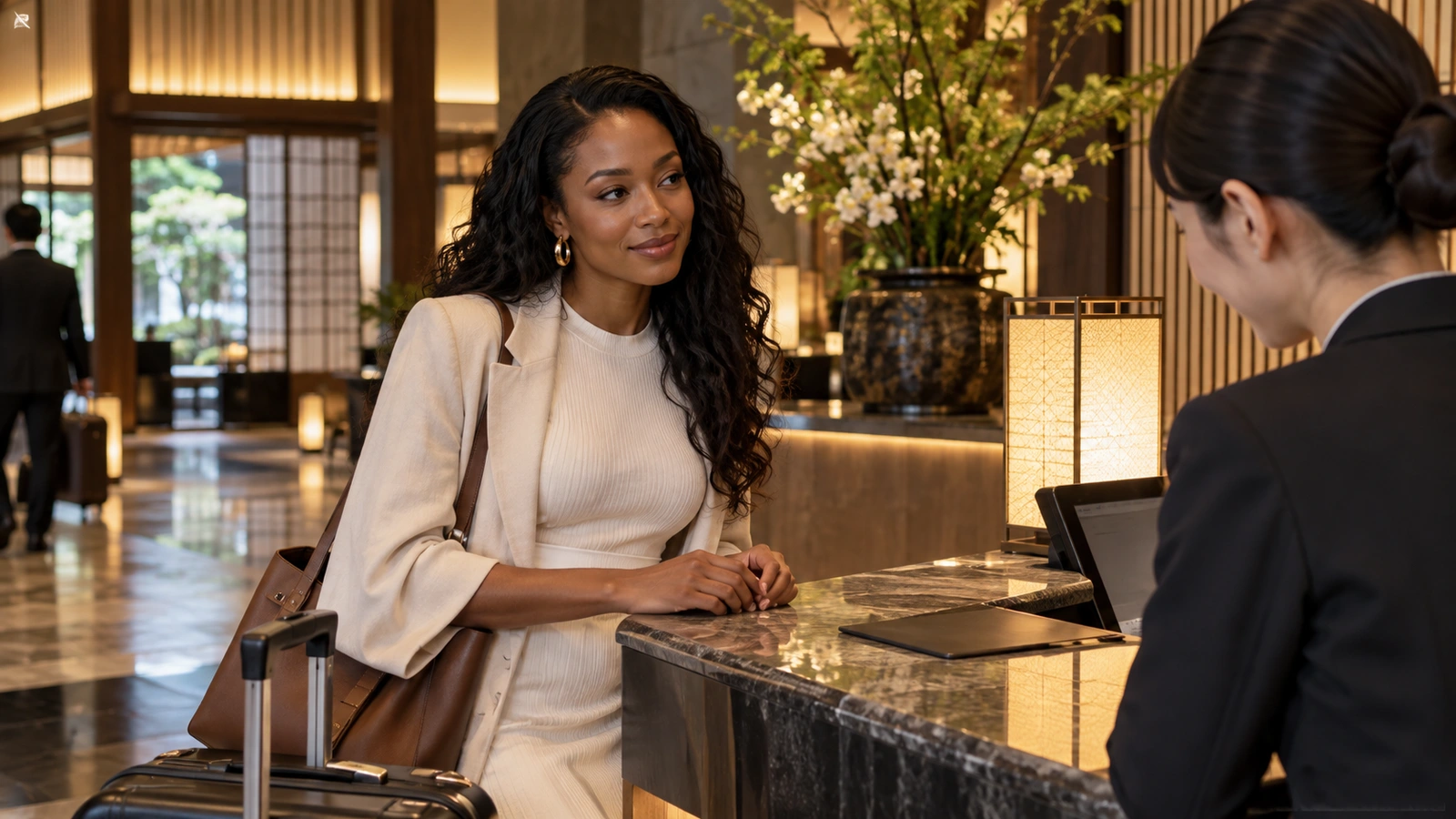 A woman speaks face to face with hotel reception staff at an elegant marble hotel reception with large floral arrangements; fresh blossoms and table lighting fill the background.